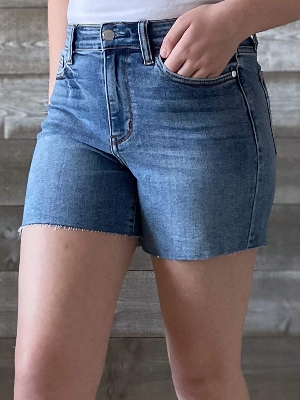 Judy Blue High-Rise Medium Blue Wash Cut-Off Denim Shorts - stretch blend